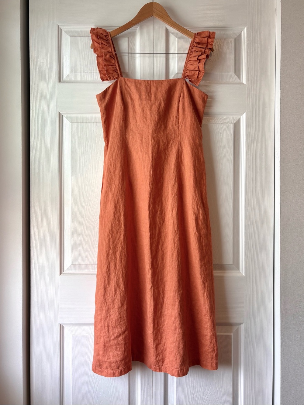 Ruffled Strap Sunset Orange Linen Midi Dress, Size M